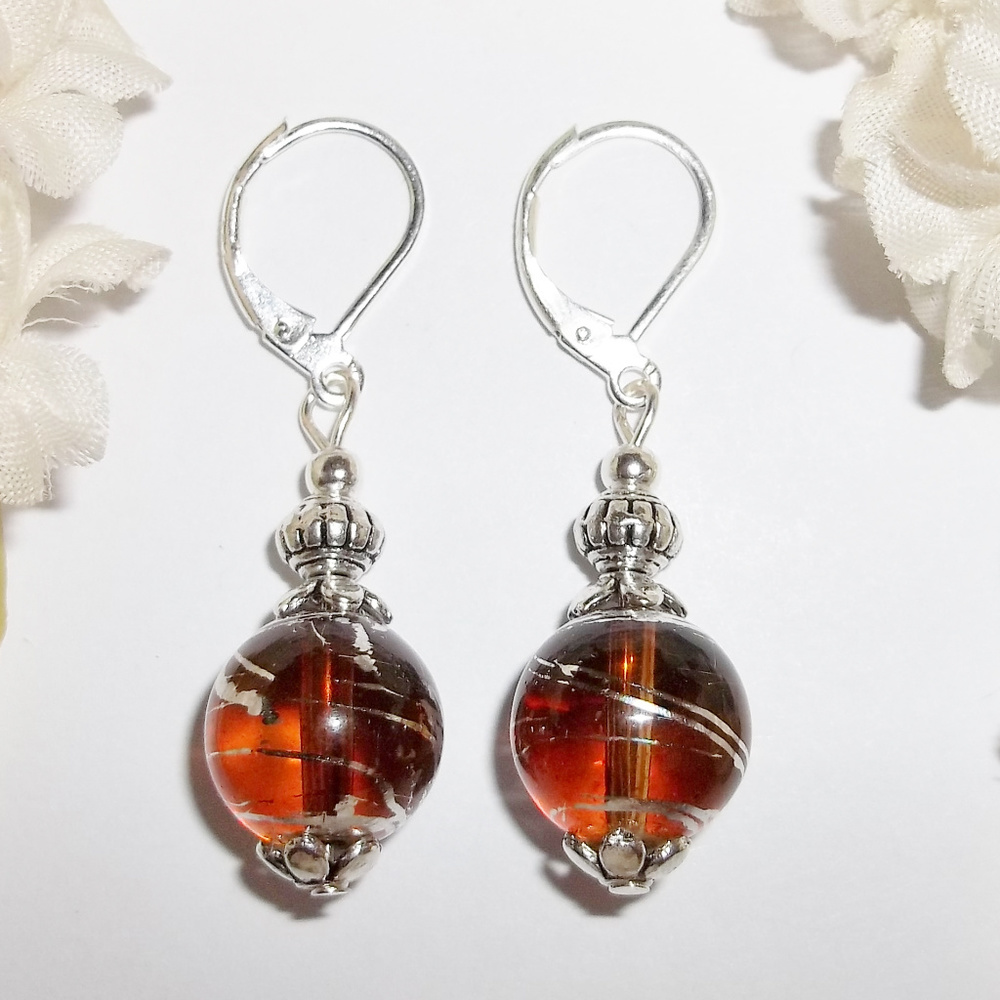 Orange Brown Dangle Earrings Drop Beaded Set 4301